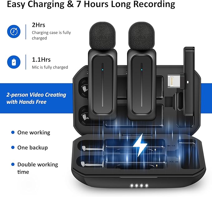 2 Pcs Wireless Lavalier Microphone for iPhone iPad Android with Charging Case 7H Clip on Lapel Microphone Wireless for Video Recording Vlogging, YouTube, Interview, 3 Mode Denoise, 70ft