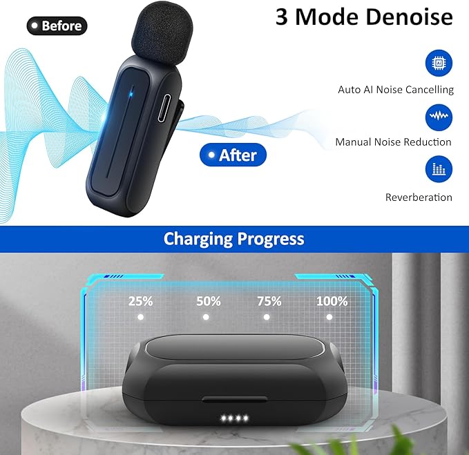 2 Pcs Wireless Lavalier Microphone for iPhone iPad Android with Charging Case 7H Clip on Lapel Microphone Wireless for Video Recording Vlogging, YouTube, Interview, 3 Mode Denoise, 70ft