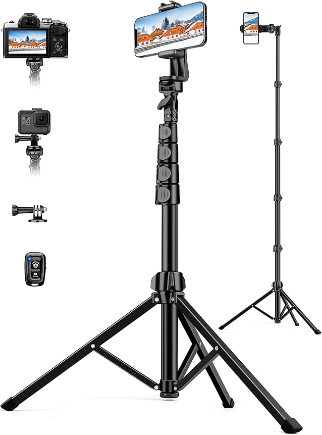 Phone Tripod, 71" Portable Cellphone Tripod Stand with Remote & Phone Holder, Camera Stand for iPhone, Compatible with Camera iPhone/Android Smartphone/Gopro