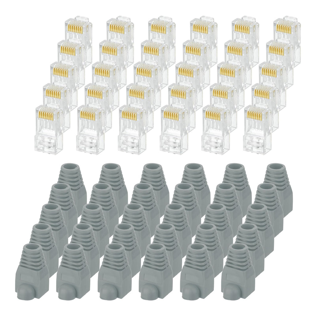 MECCANIXITY 30pcs Cat6 RJ45 Pass Through Connectors, RJ45 Connector 8P8C Gold Plated Plugs with 30pcs White Strain Relief Boots for Solid or Stranded UTP Ethernet Cable, 1.1mm