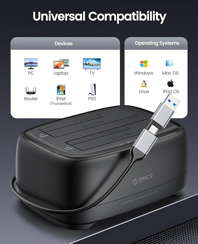 ORICO USB Type C to SATA 2 Bay Hard Drive Docking Station Duplicator/Cloner Function for 2.5 or 3.5 in HDD SSD with 2 in 1 USB C to A/C Cable (DD28C3-C)