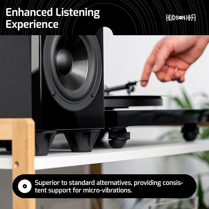 Speaker Isolation Feet – 4-Pack 1.5" Bigfoot Rubber Pads – Non-Adhesive Anti-Vibration Feet for Turntables, Subwoofers, Amplifiers – 50 Duro Non-Skid Bumpers for Audio Equipment