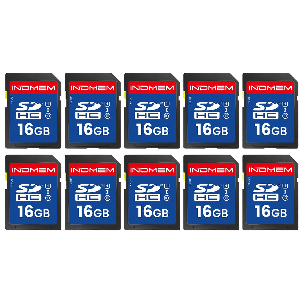 INDMEM SD Card 16GB, 10-Pack UHS-I Class 10 MLC Flash Memory Card, High-Speed Secure Digital Cards for Cameras, DSLR, Action Cams - Reliable Storage
