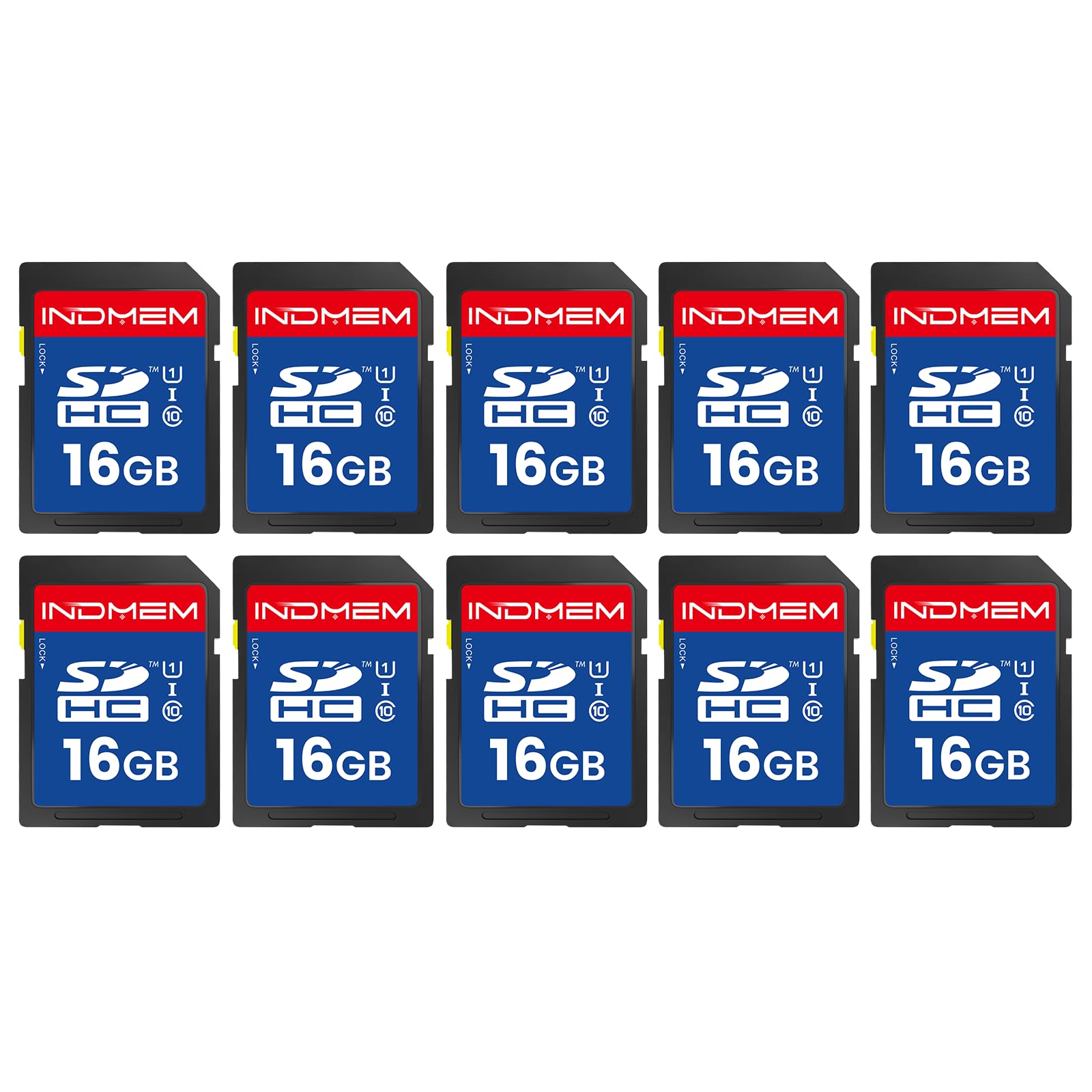 INDMEM SD Card 16GB, 10-Pack UHS-I Class 10 MLC Flash Memory Card, High-Speed Secure Digital Cards for Cameras, DSLR, Action Cams - Reliable Storage