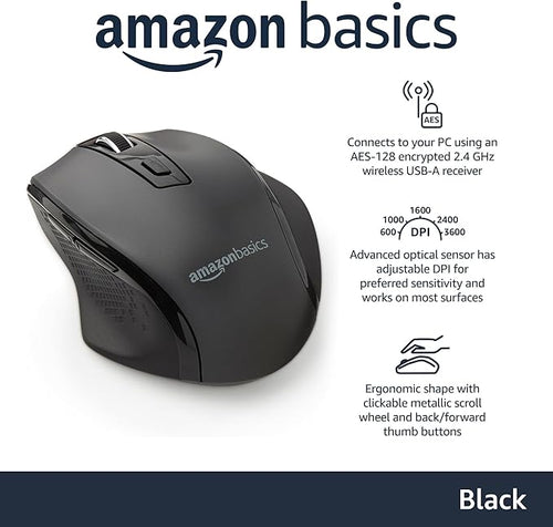 Amazon Basics Portable Wireless Computer Mouse, Ergonomic, 2.4 GHz Optical, DPI Adjustable, Easy to Use, Compatible With PC, Mac, Laptop, Black