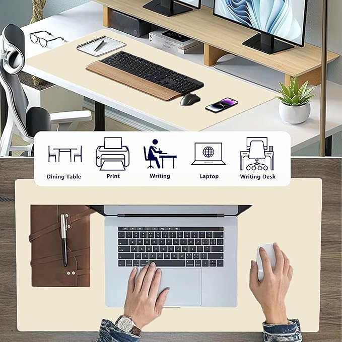 PU Leather Desk Pad Protector Gaming Mouse Pad Non Slip Desk Mat for Keyboard and Mouse Waterproof Desk Writing Pad for Office and Home Desk Accessories(Beige, 47.2 * 17.7)