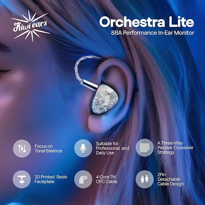 Linsoul Kiwi Ears Orchestra Lite Performance Custom 8BA in-Ear Monitor IEM with Detachable 4-core 7N Oxygen-Free Copper OFC Cable, Handcrafts Faceplate for Audiophile Studio Musician (Clear)