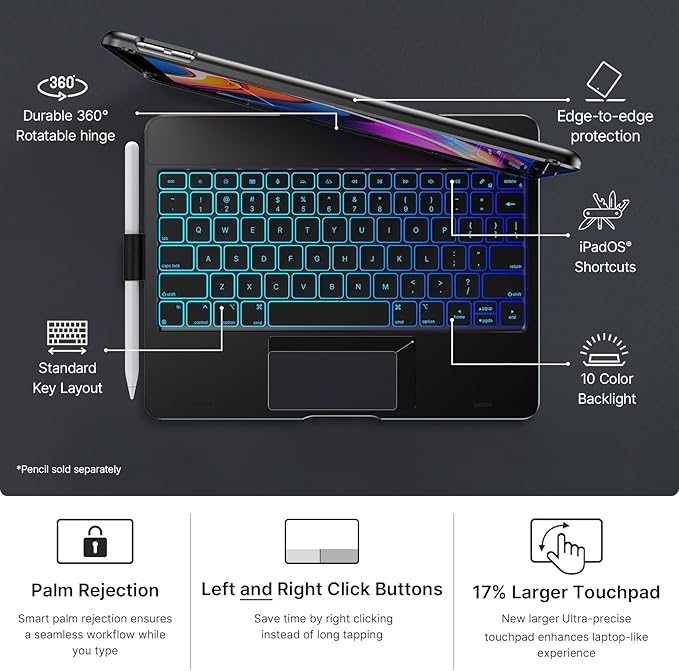 typecase Touch for iPad 9th Generation Case with Keyboard (10.2", 2021),Multi-touch Trackpad,10 Color Backlight, 360° Rotatable, Thin & Light for 8th Gen (2020),7th Gen (2019), Air 3,Pro 10.5 (Black).
