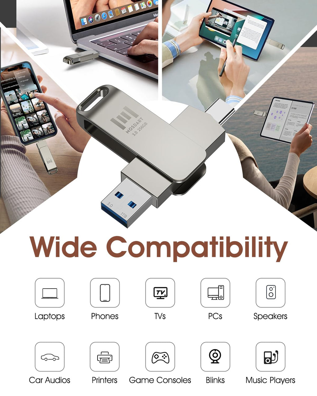 MOSDART 256GB USB C and USB A 3.2 150MB/s Swivel Dual Flash Drive, Silver