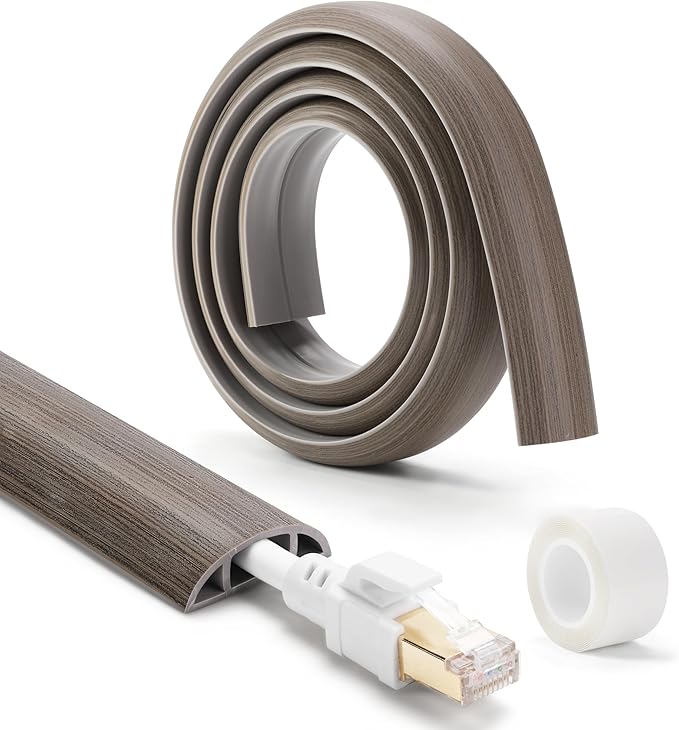 Floor Cord Cover 4ft, Cord Hider Floor Gray Wood, Cable Management Prevent Trips, Cable Cover Wire Covers for Electric Power Cords, Wire Protector Cavity W0.47in x H0.28in Grey