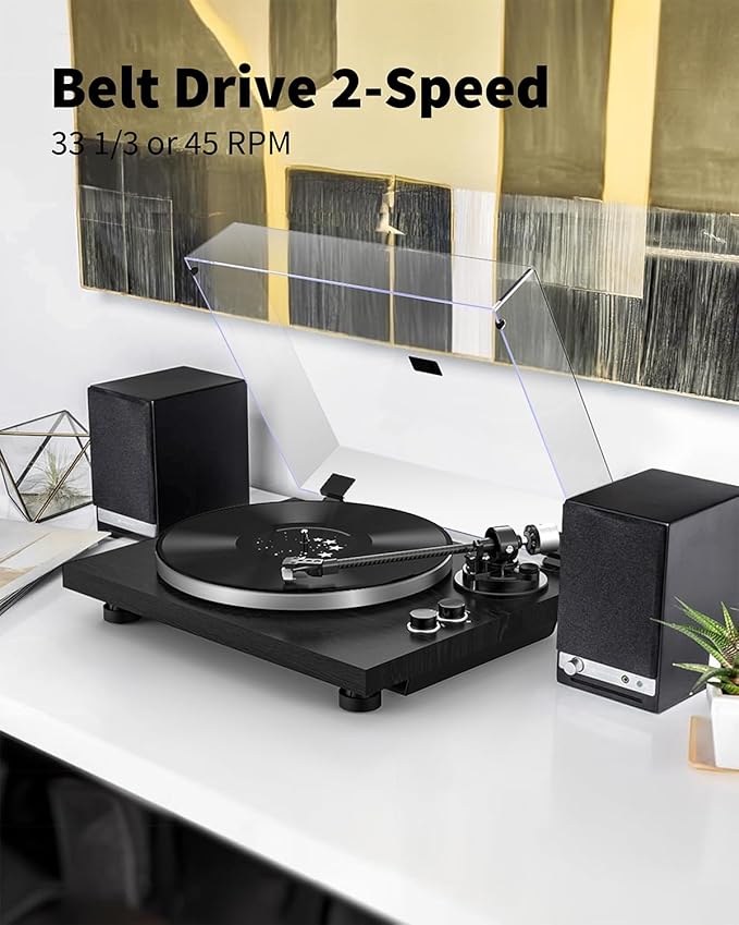 Turntable Vinyl Record Player Support Bluetooth Output Phono/Line Switch Pitch Control with Pre-Installed Counterweight & Magnetic Cartridge, Belt Drive 2 Speed