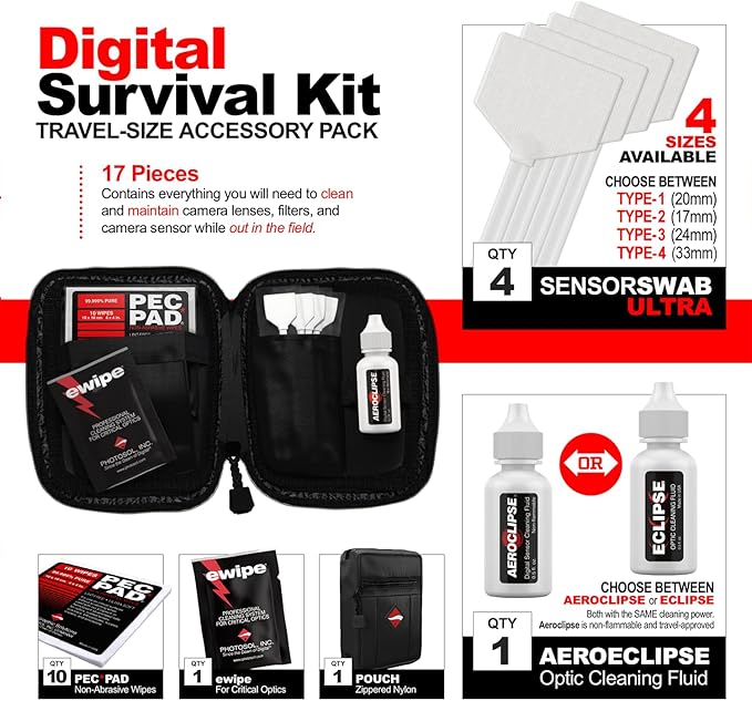 Photographic Solutions Digital Survival Kit - Type-4 (33mm) Sensor Swabs, PEC-PAD Photo Wipes, E-Wipe Packet, Aeroclipse Optic Cleaner Non-Flamable Solution - Camera Cleaning Kit with Travel Bag