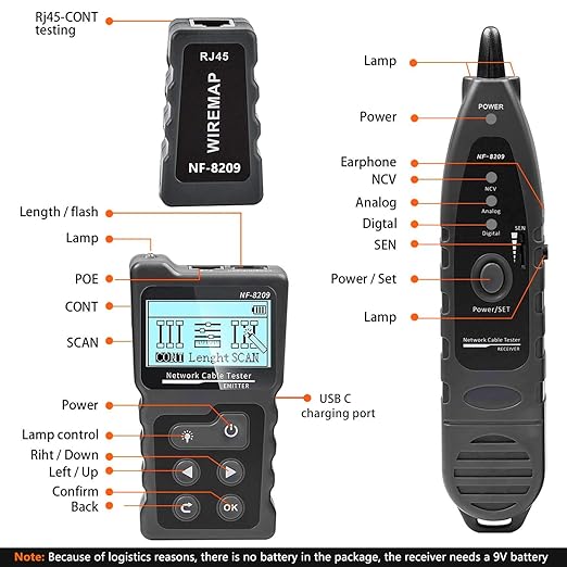 NF-8209 Network Cable Tester for POE Test/CAT5e/CAT6/CAT6a LAN Ethernet Wire Tracer,Detect Voltage Measure Fault Distance by TDR,Telephone Line Continuity Testing and Length Measurement