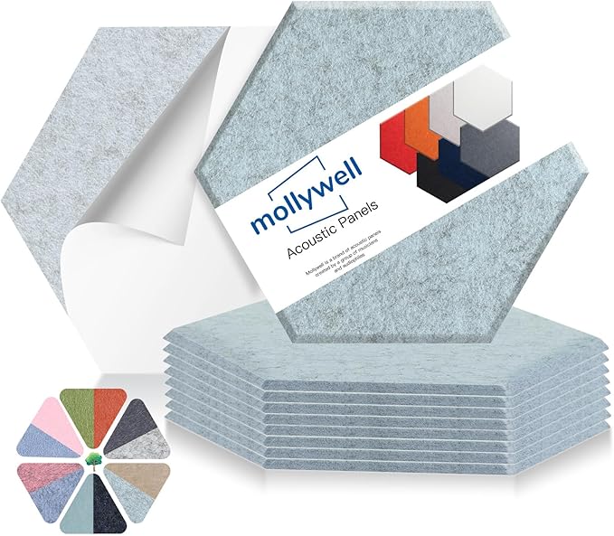 Mollywell Hexagon Acoustic Panels, High Density, Soundproofing, Decorative Noise Reduction Felt Wall Tiles for Ceilings, Home Office & Gaming Room (Smoky Blue), 14x12x0.4 Inch