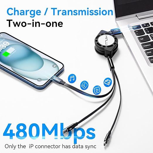 Multi Charging Cable, [2Pack 4Ft] 3 in 1 Retractable Fast Charger Cable Multi Charging Cord USB Cable Adapter with Lightning/Type C/Micro USB Port for Cell Phones/iPhone/Samsung Galaxy/Tablets & More