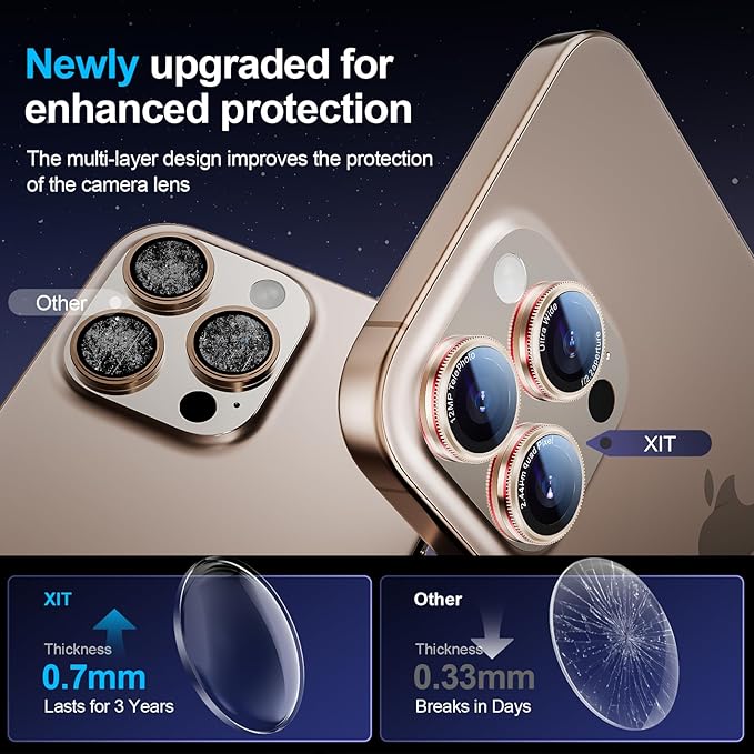 X-it 2 Pack Camera Lens Protector, Shatterproof Protection Anti-Scratch Ultra HD Camera Protector, Anti-Glare 9H Tempered Glass Lens Protector for iPhone 16 Pro Max/16 Pro, Case Friendly, Golden Red