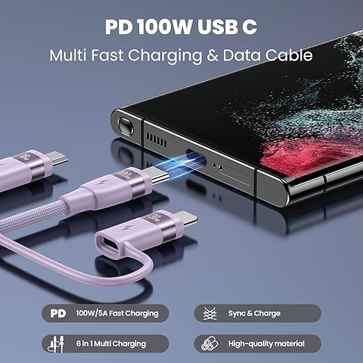 100W USB C Multi Charging Cable, USAMS 4FT 5-in-1 5A Fast Sync Charger Adapter Nylon Braided Type-C Cable for Laptop/Tablet/Phone and More