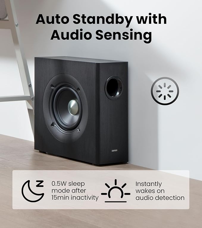 Edifier T5s Powered Active Subwoofer with 70W RMS, 8" Long-Throw Woofer, Deep Bass (35Hz) Speaker, Built-in Amp, Low Distortion, Phase Selector & Energy-Efficient for Home & Studio Audio, Black