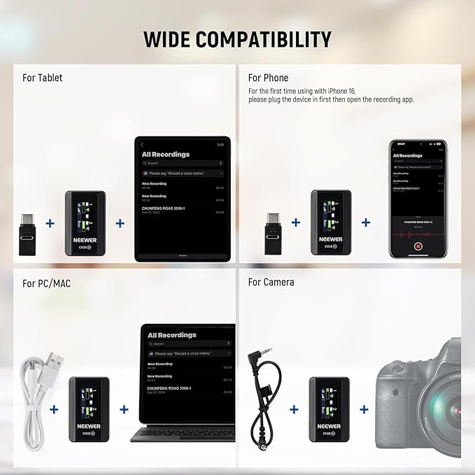 NEEWER CM28 Wireless Lavalier Microphone System with Charging Case, 2 Mic Clips, 1 Click Noise Canceling, 4GB Storage, 9H Playtime, Lavalier Lapel Mic Compatible with iPhone/Android/PC/Camera/iPad