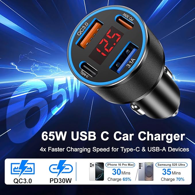 USB C Car Charger,2Pack 65W 4 Port Fast Charging Car Phone Charger with Voltage Display,Multi Port Cigarette Lighter Adapter USB Chargers for iPhone 16 15 14 13 Pro Max,Galaxy S25,iPad,Pixel,Android