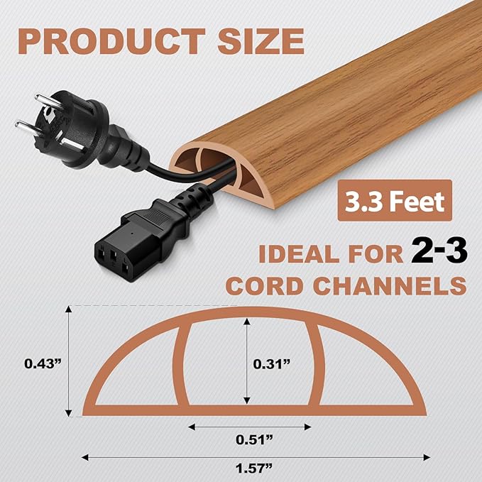 Floor Cord Cover for Wires on Floor Self Adhesive Cord Hider Floor Cable Management Wire Covers for Cords Protector Prevent Cable Trips Cord Cavity W 0.51" x H 0.31", Brown Wood, 3.3Ft