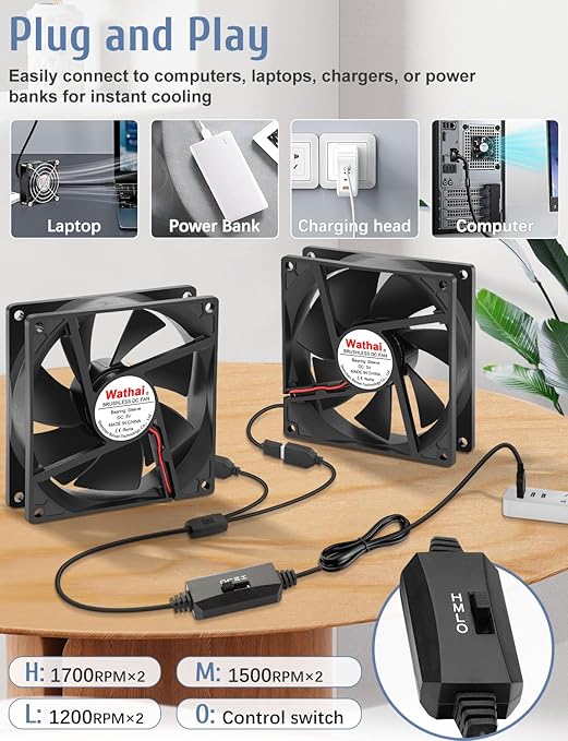 2 Packs Wathai 92mm x 25mm 90mm 5V USB Fan for Receiver AV cabint Game Console PC Laptop TV Box Projector Router Cooling