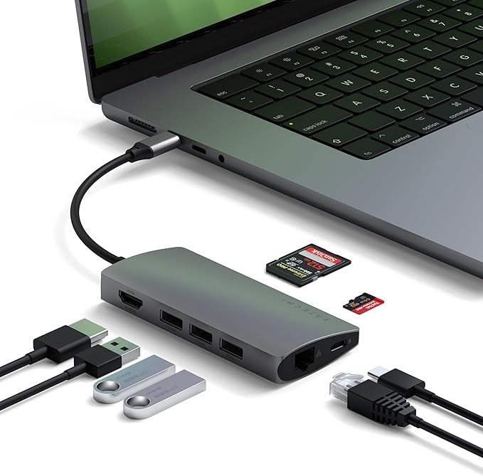 Satechi 8 in 1 USB C Hub Multiport Adapter V2, 4K HDMI, 115W USB C PD Charging, 3 USB-A, Ethernet, Micro/SD Card Readers, for Laptop, MacBook Pro/Air M4/M3/M2/M1, iPad, iPhone 16, Windows - Space Gray