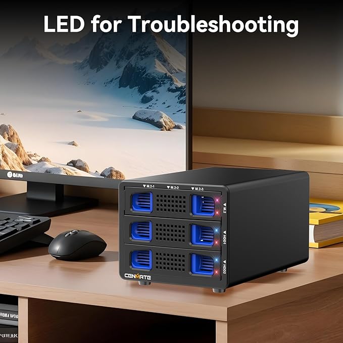 Hybrid 2*2.5/3.5" SATA HDD/SSD(Support RAID 1/0/JBOD/NORMAL)+3* M / B+M Key M.2 NVMe Enclosure with Fan, USB A/C 3.2 Gen 2, Hard Drive Enclosure Support 68TB(2*22TB HDD+3*8TB 2230/42/60/80/110 SSDs)