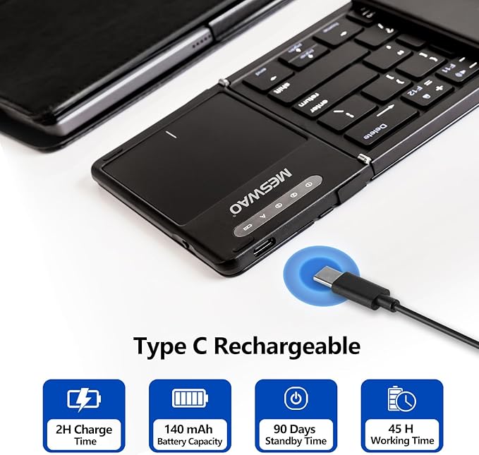 Foldable Bluetooth Keyboard with Touchpad, Wireless Folding Keyboards with PU Leather (Sync up to 3 Devices), Full-Size Portable Keyboard for Android/Windows/iOS