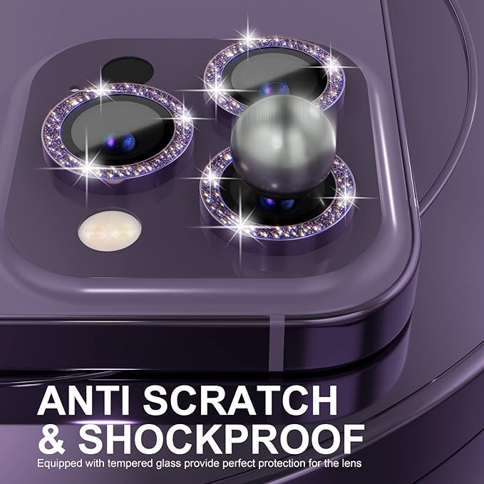 Choiche [3+1 for iPhone 14 Pro/iPhone 14 Pro Max Camera Lens Protector Bling, 9H Tempered Glass Camera Cover Screen Protector Metal Ring Decoration Accessories (Glitter-Purple)