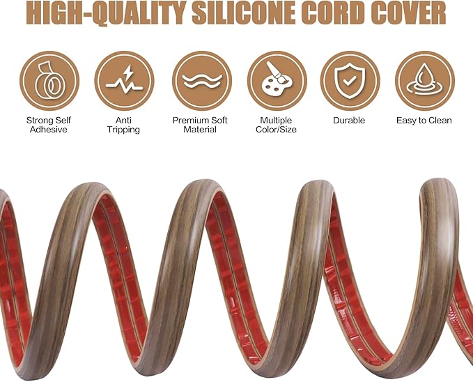 Floor Cord Cover Self Adhesive Cord Hider,10FT Cable Management, Extension Strip Protector for Wires, Prevent Cable Trips for Offices, Gyms, Exhibitions Cavity:0.3"(W) x0.28(H) Woodsmokedbrown