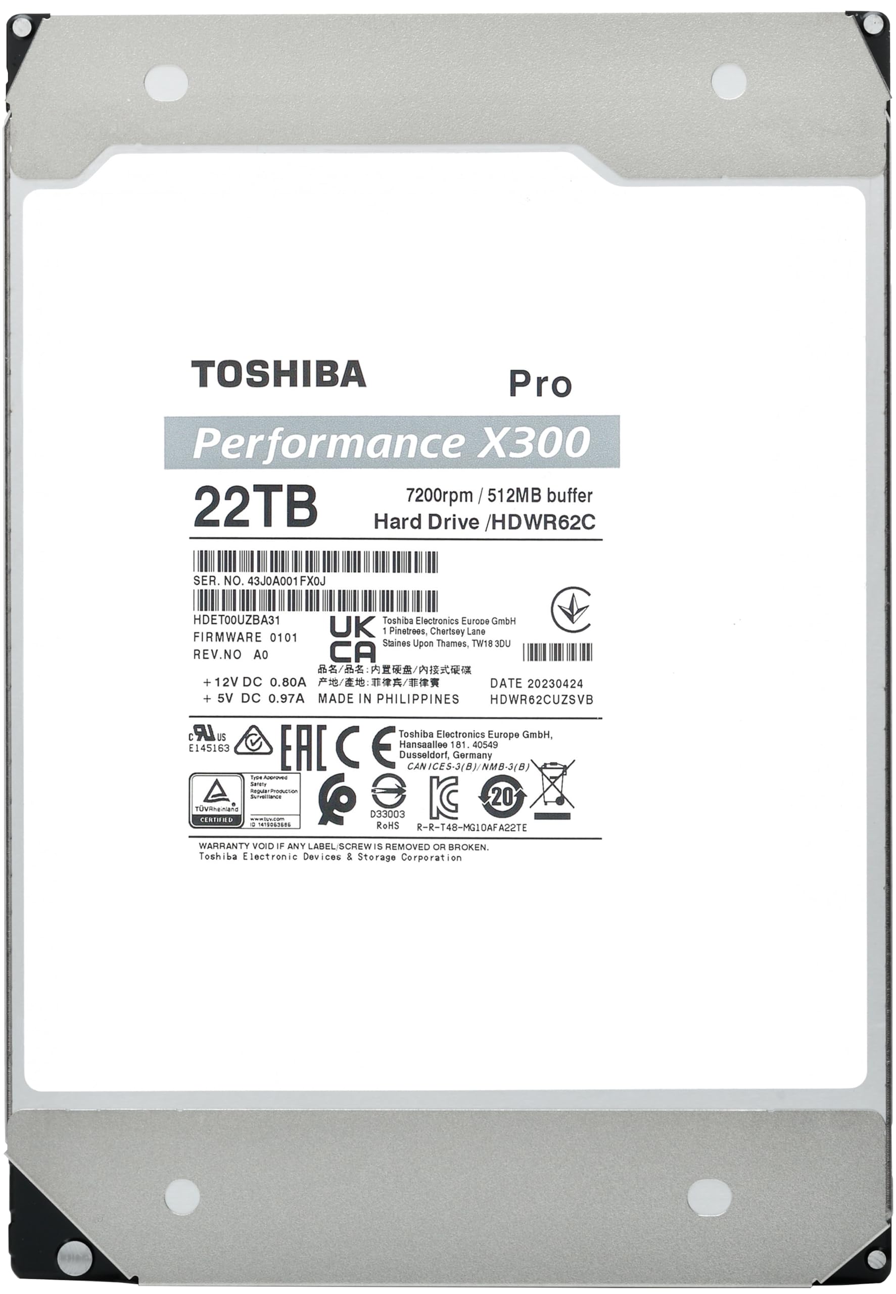 Toshiba X300 PRO 22TB High Workload Performance for Creative Professionals 3.5-Inch Internal Hard Drive – Up to 300 TB/Year Workload Rate CMR SATA 6 Gb/s 7200 RPM 512 MB Cache - HDWR62CXZSTB
