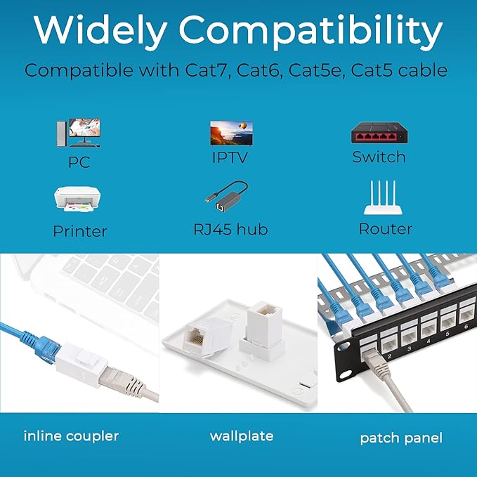Rapink RJ45 Coupler Inline Keystone Jack, Female to Female RJ45 Keystone Coupler 25 Pack for Ethernet Cat6/Cat5e/Cat5 Cable Extender with Gold Plated White