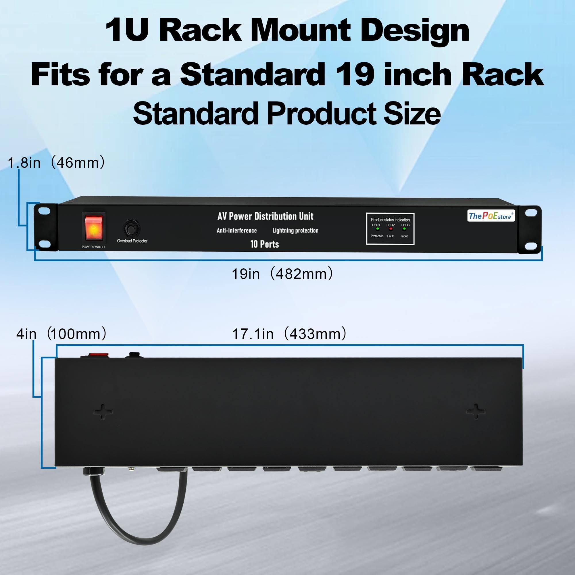 ThePoEstore 1U Horizontal PDU 19" Rack Mount Power Strip - Surge Protector