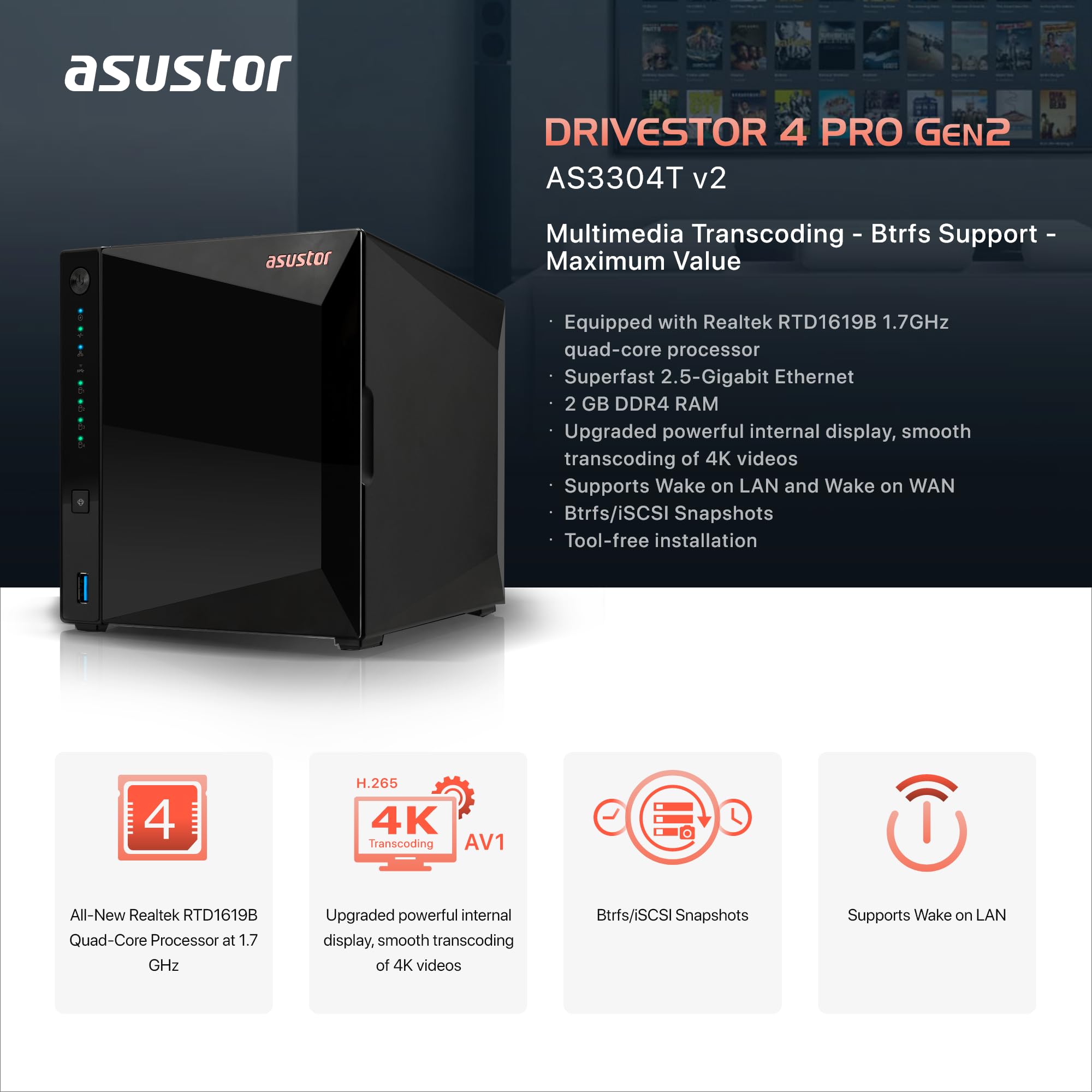 Asustor Drivestor 4 Pro Gen2 AS3304T v2, 4 Bay NAS, 1.7GHz Quad-Core, 2GB RAM DDR4, 2.5GbE High-Speed Network, Personal Media Server, Best Value Home Cloud, Network Attached Storage(Diskless)