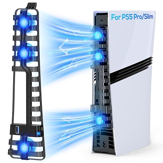 Auto Cooling Fan for PS5 Pro/Slim, USB 3.0 Port, Adjustable 3 Speed, with LED Light, Memory Function, Quiet and Efficient Cooling System for PS5 Pro/Slim Cooling Fan
