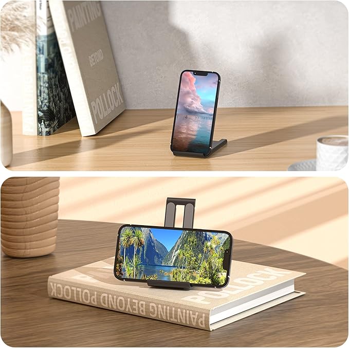 ESSAGER 2 Pack Foldable Mini Cell Phone Stand, Adjustable Mobile Phone Holder for Desk Compatible with iPhone/Kindles/Smartphones (Black)