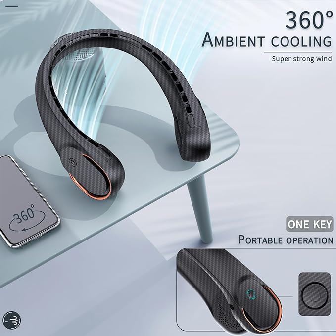 Neck Fan, Bladeless Neck Fan, 4000 mAh Rechargeable Personal Fan, 360° Hands Free Wearable Fan, 3 Speeds Adjustable,Faster Cooling, Ultra Quiet, Suitable for Home, Office, Travel, Sports