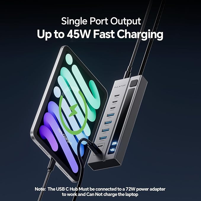 Powered USB C Hub, PULWTOP 11-in-1 Power Hub with SD/TF, 2*USB-C 10Gbps, 4*USB-A 5/10Gbps and 2 * 24/45W Type-C PD Charging Ports (Not Support Video), USB Powered Hub 72W DC Adapter Included