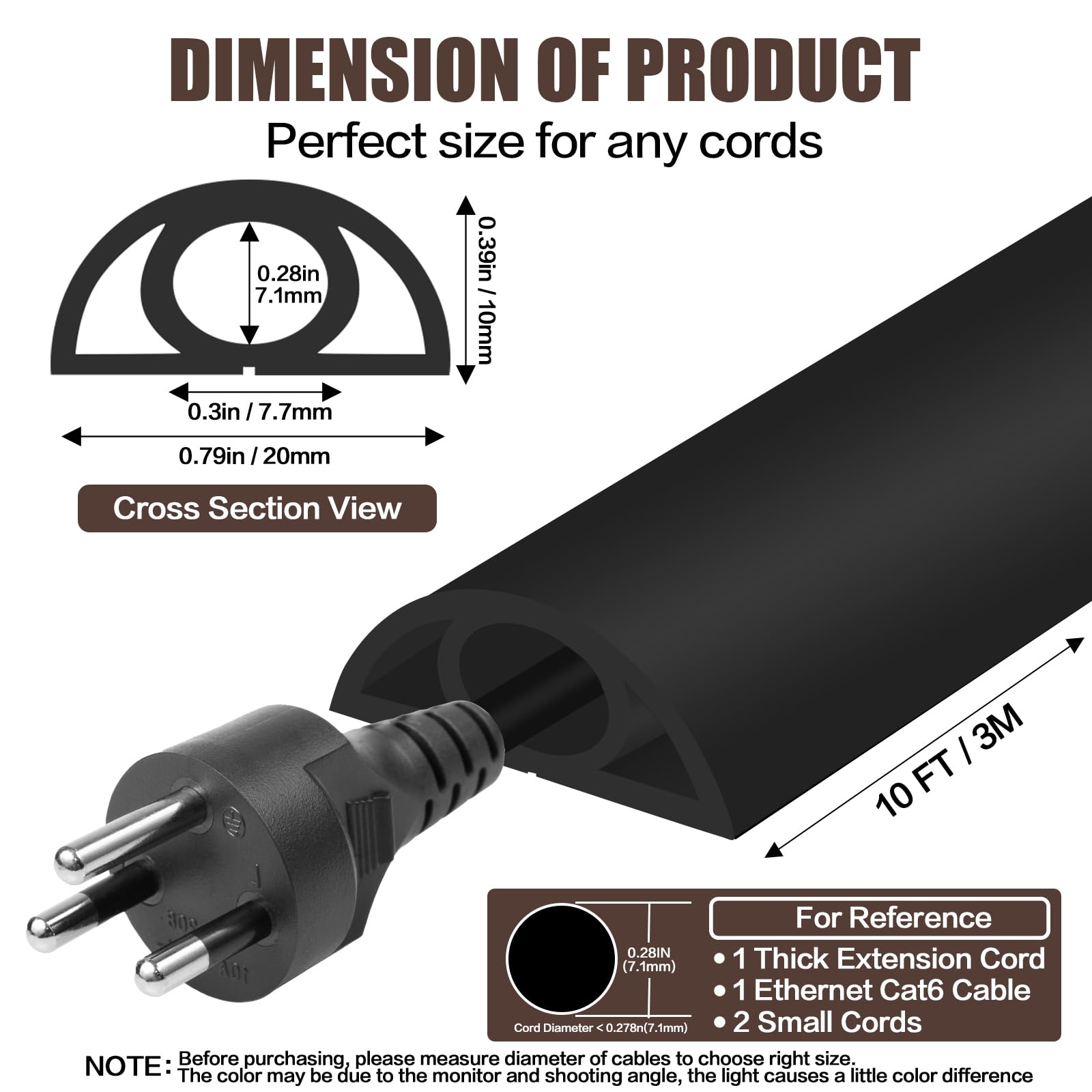 Floor Cord Cover Self Adhesive Cord Hider,10FT Cable Management, Extension Strip Protector for Wires, Prevent Cable Trips for Offices, Gyms, Exhibitions Cavity:0.3"(W) x 0.28"(H) Black