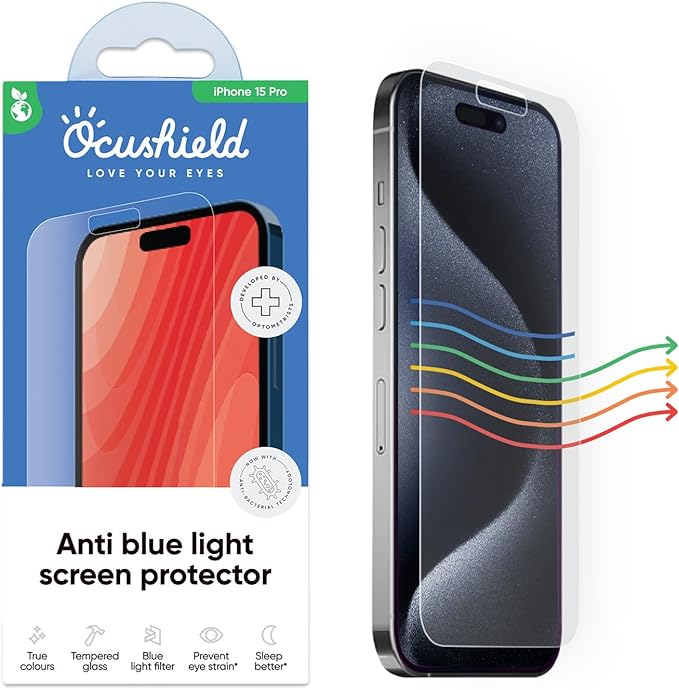 Ocushield Anti Blue Light Tempered Glass Screen Protector of for iPhone 15 Pro (6.1") – Blocks Blue Light, Prevents Eye Strain & Helps You Sleep Better, 9H Hardness & Case Friendly