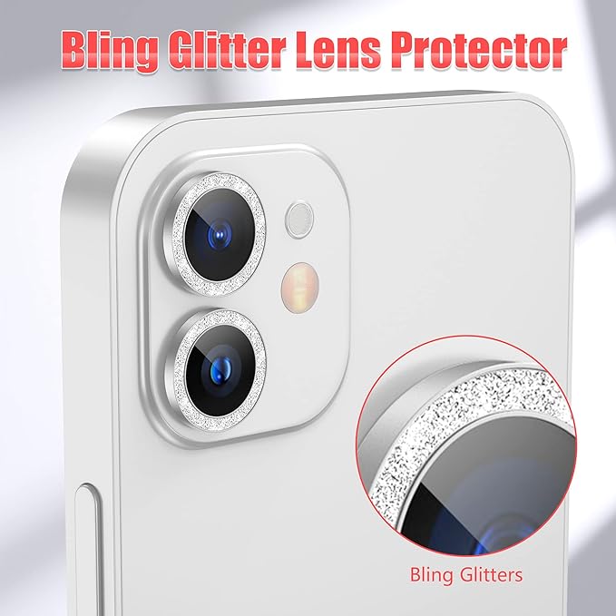 AGVEE 3+3 6 Pack for iphone 12 Pro/12/12 Mini/11 Pro Max/11 Pro/11 Camera Lens Cover Protector, Bling Diamond & Bling Glitter Metal Ring 9H Tempered HD Glass Camera Protector, Bling-Silver
