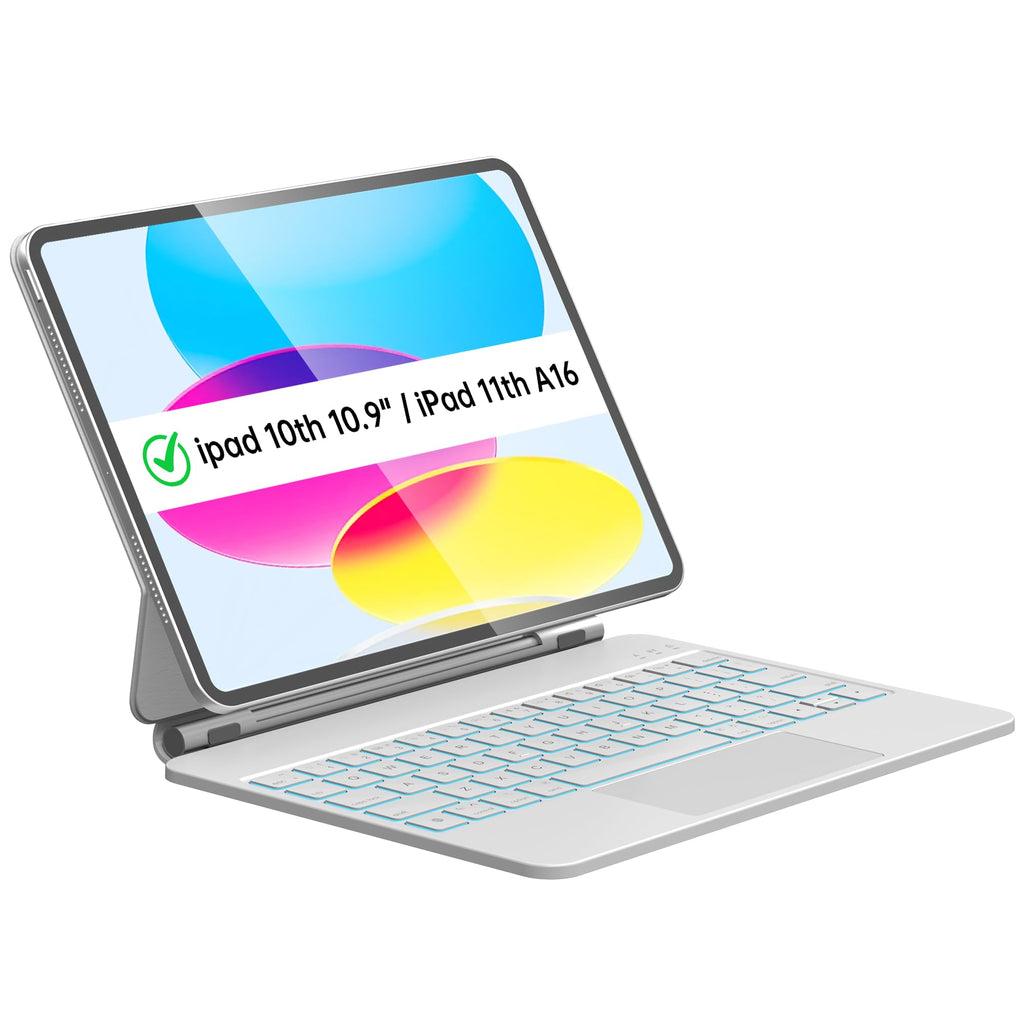 Otuoor Magic Keyboard for iPad 10th, Effortless Command, The Comfort Angle, iPad 11th (A16 2025) Case with Keyboard, Uninterrupted View, Snap Tight, 7 Color Backlight, Multi-Touch Trackpad, White