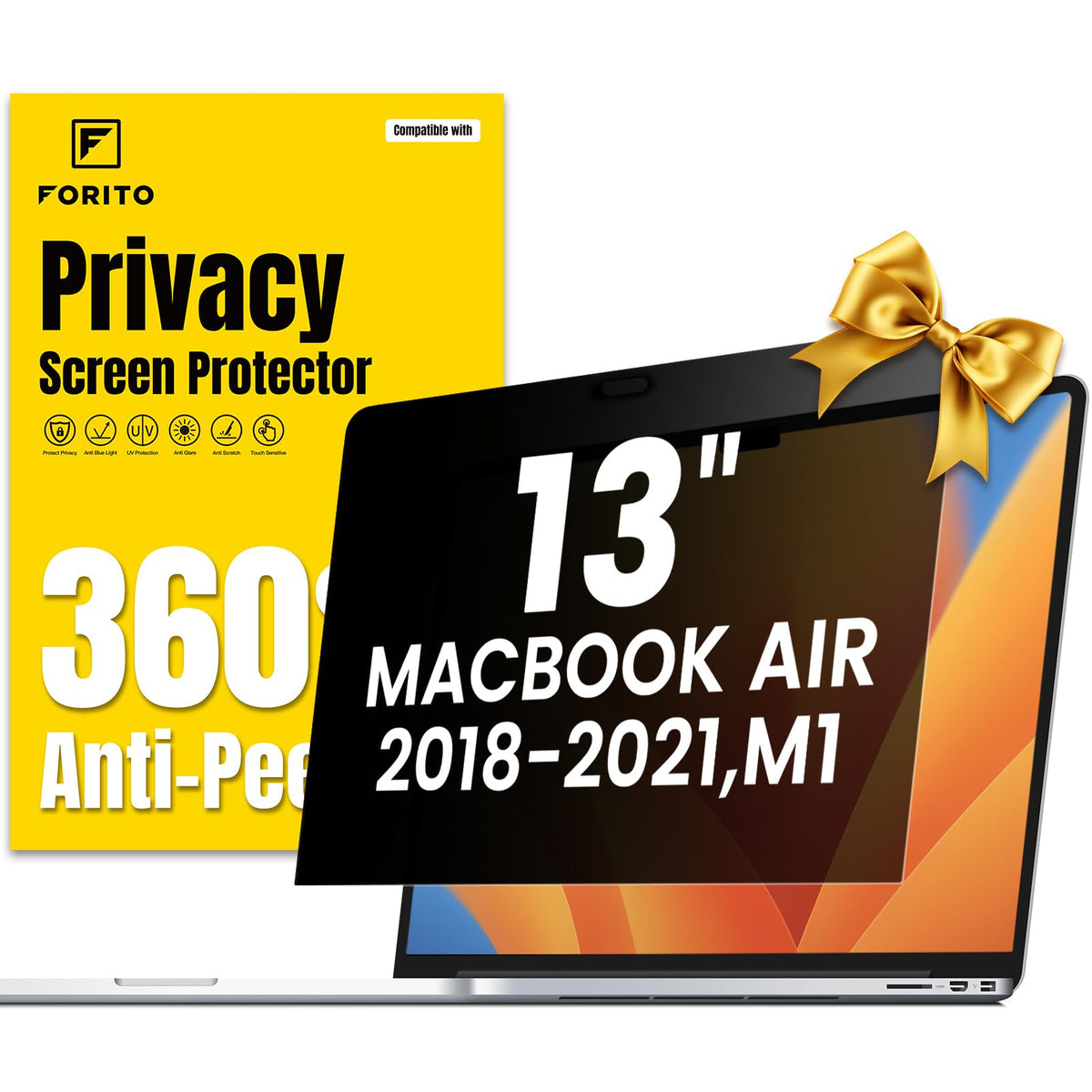 F FORITO 360° Privacy Screen Protector Compatible with MacBook Air 13 inch (2018, 2019, 2020, 2021, M1), Anti Peeping, Anti Glare and Scratch Resistant Laptop Privacy Screen Shield