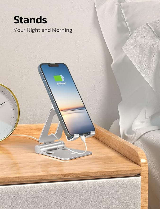 Nulaxy 2 Pack Dual Folding Cell Phone Stand, Fully Adjustable Foldable Desktop Phone Holder Cradle Dock Compatible with iPhone 17 16 15 14 13 12 Pro Max Xs Xr, All Phones, Silver