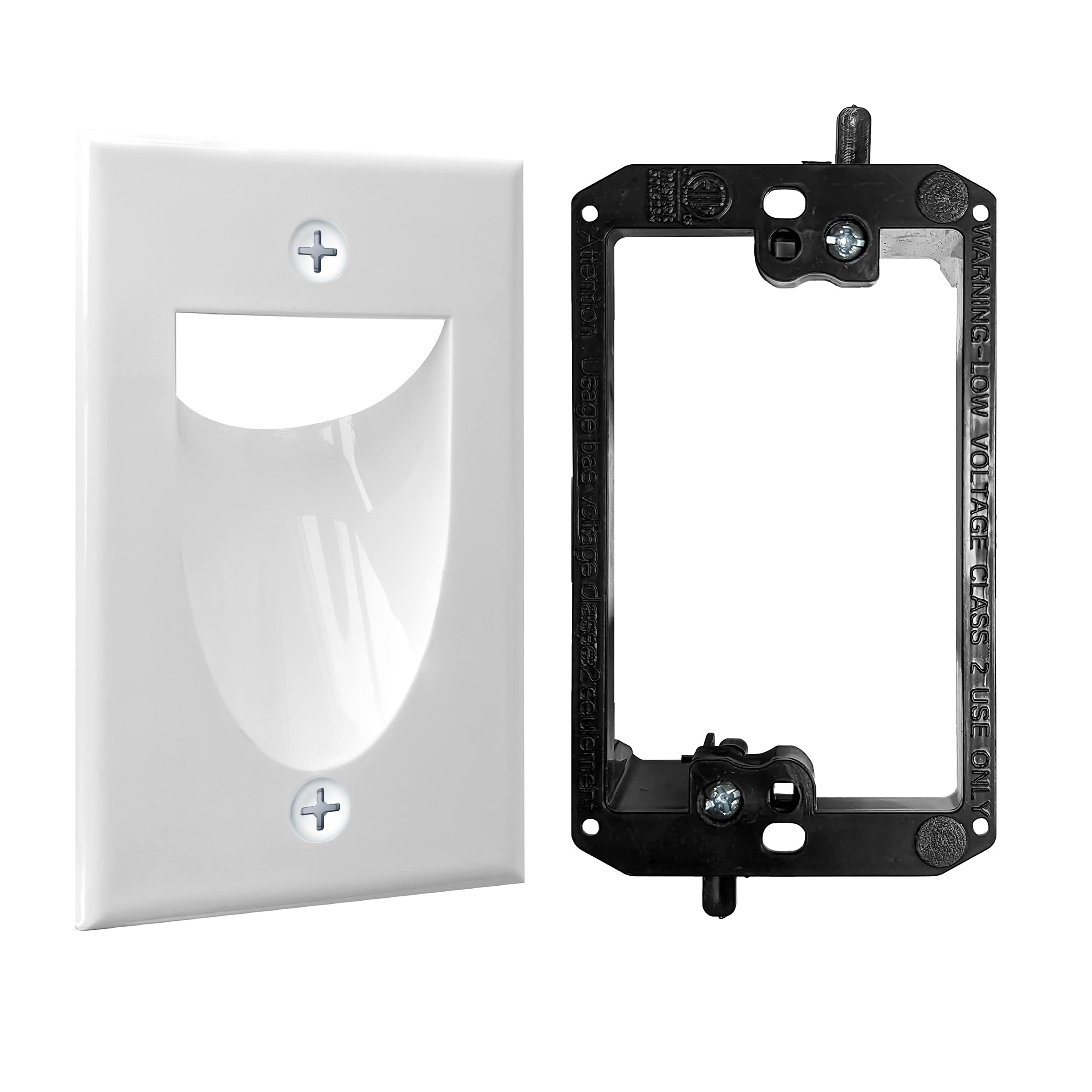 1 Pack Wall Plate Cable Pass Through with Bracket - In Wall Cable Management Kit - Recessed Cable Wall Plate Pair with Single Gang Low Voltage Mounting Bracket - Decorator Cover for Low Voltage Cables