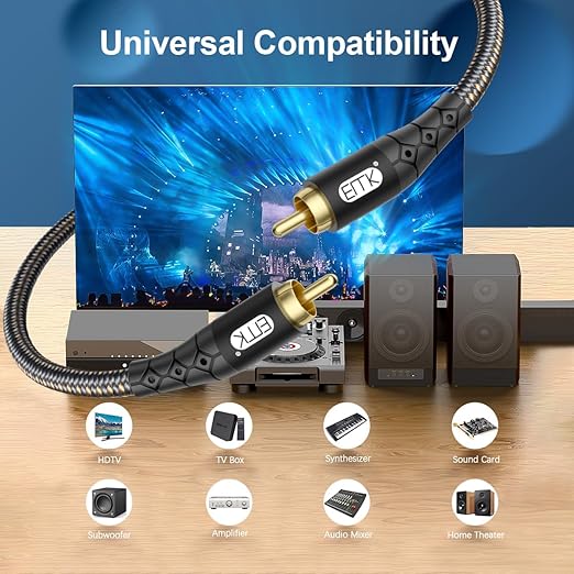 EMK RCA to RCA Subwoofer Cable – 24K Gold-Plated Connector Nylon Braided Double Shielded Audio Cable Digital&Analog Signal Support for Amplifiers Subwoofer Home Theater Hi-Fi Systems Black/30ft/10m