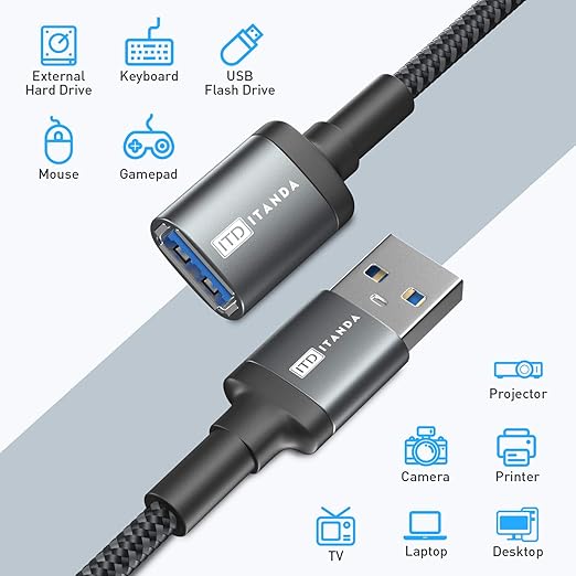 ITD ITANDA 15FT USB Extension Cable USB 3.0 Extension Cord Type A Male to Female 5Gbps Data Transfer for Keyboard, Mouse, PlayStation, Xbox, Flash Drive, Printer, Camera and More, Grey