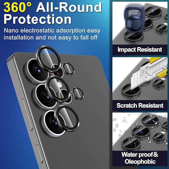 for Samsung Galaxy S25 Ultra Camera Lens Protector, Individual Metal Ring Tempered Glass Lens Cover, [Strong Adsorption] Scratch Resistant Ultra-Thin HD Clear Lens Cover, 1 Set-Black