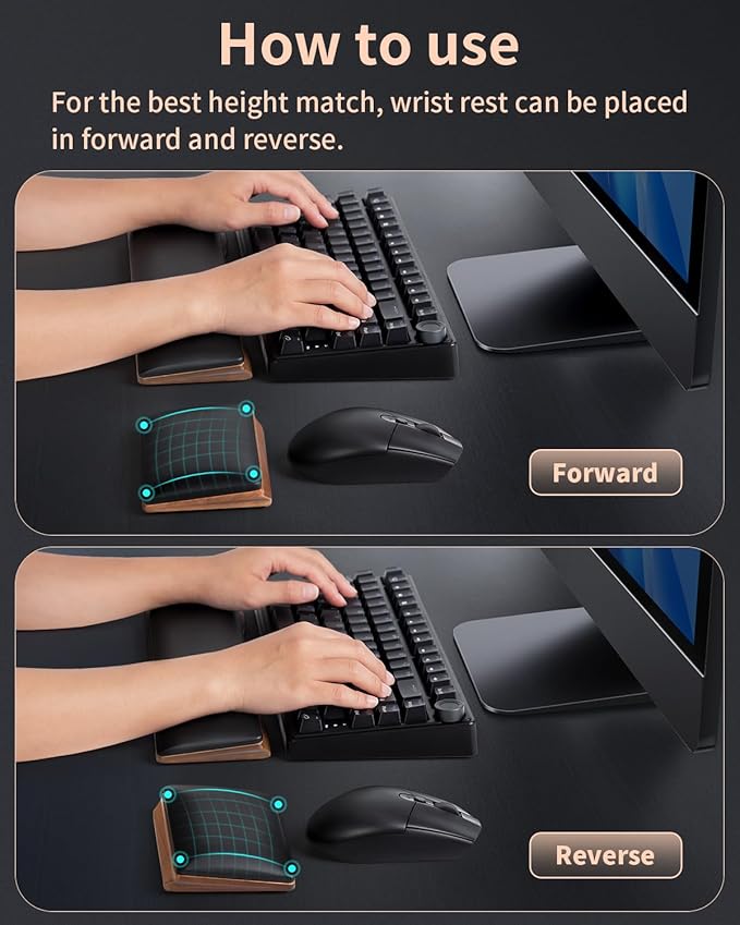 ASFSKY Keyboard and Mouse Wrist Rest Set - Memory Foam & Wooden Base Ergonomic Wrist Support Pad with PU Leather Cover, Non-Slip, Durable & Easy-to-Clean Wrist Cushion for Office, Gaming Desk